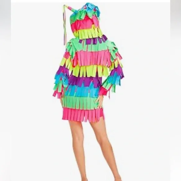 Tipsy Elves Rainbow Piñata Dress Bright Multicolor Fringe Costume Hood NWT Sz XL - Picture 2 of 9